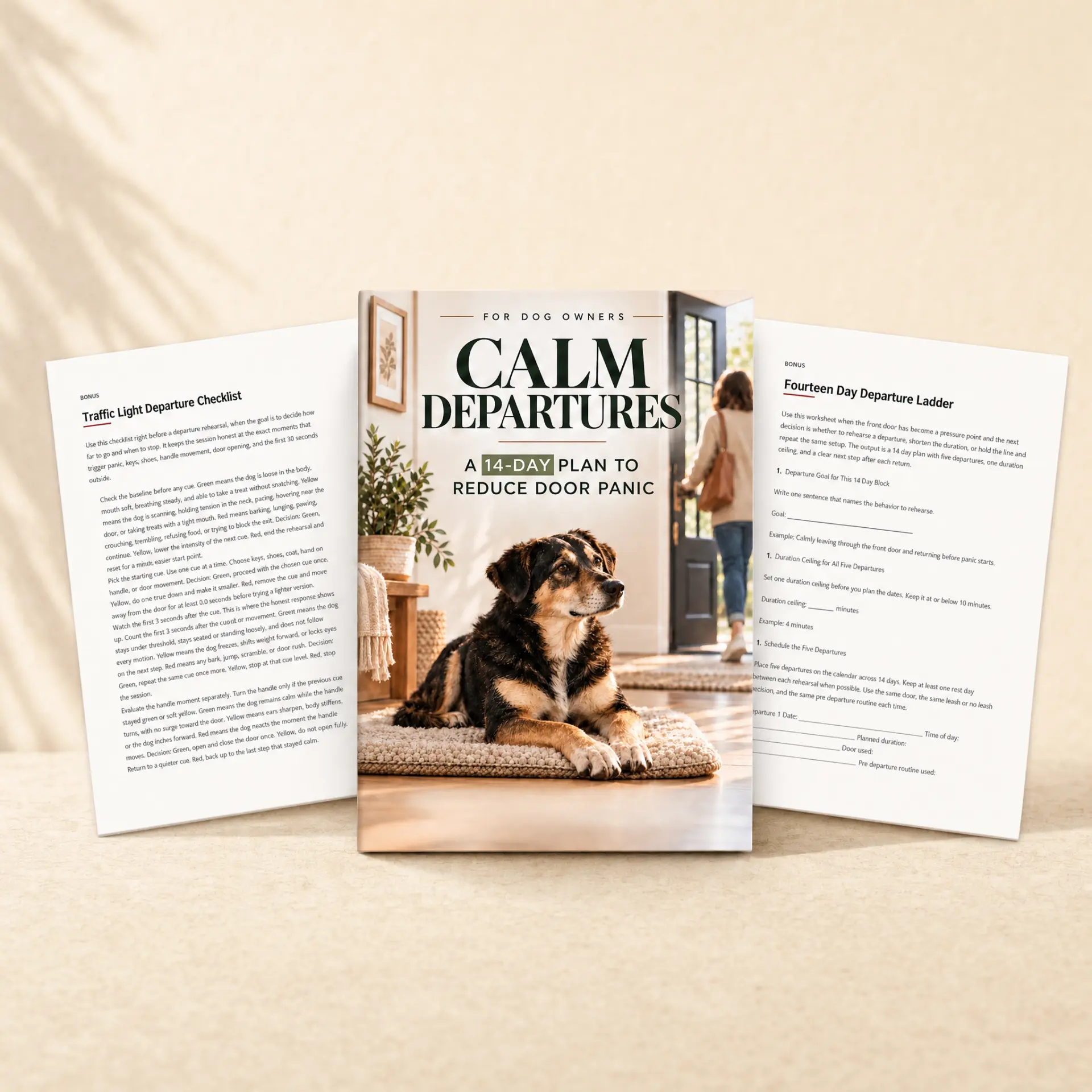 The Calm Departures guide with the 14-day plan and bonus worksheets