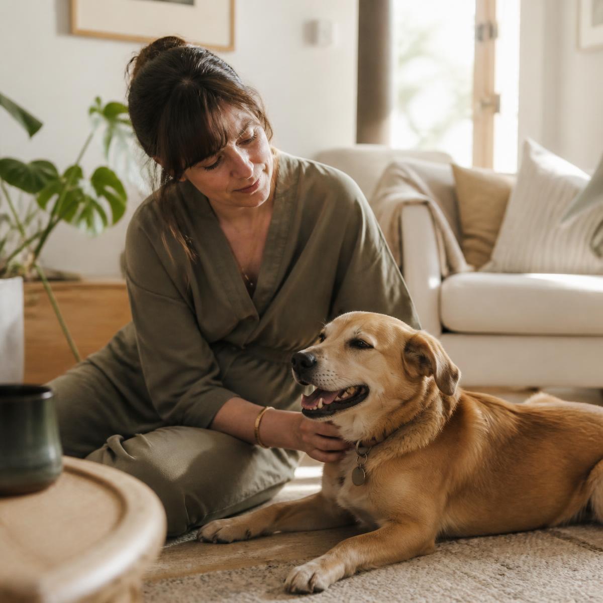 A woman sitting on a living room floor, calmly stroking her dog in warm afternoon light